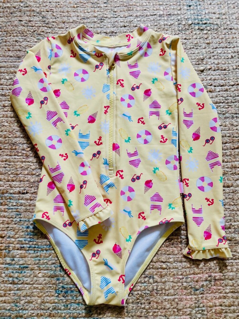Seafolly Swimsuit Girls One Piece LS Ruffle Cuffs Seaside Print Bikini Size 6